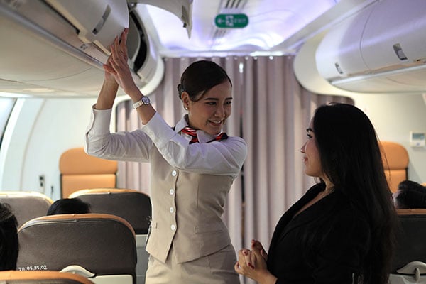 Flight attendant helping passenger with luggage
